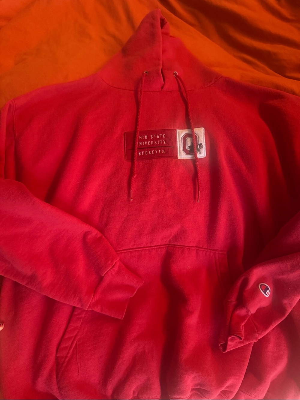 Champion Red Ohio State Crewneck Hoodie with Logo Patch